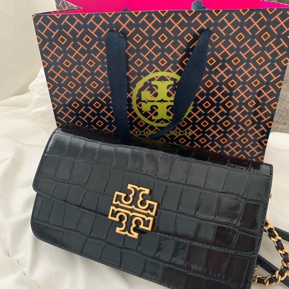 NEW Tory Burch Britten Croc Leather black Chain Wallet Wristlet/crossbody bag - Picture 6 of 7